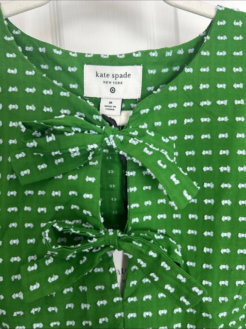 kate spade Green Short Sleeve Tie-Neck Micro-Print Blouse